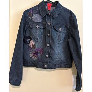 V Cristina Women's Denim Jacket Size Medium Dark Wash Floral Applique Rare